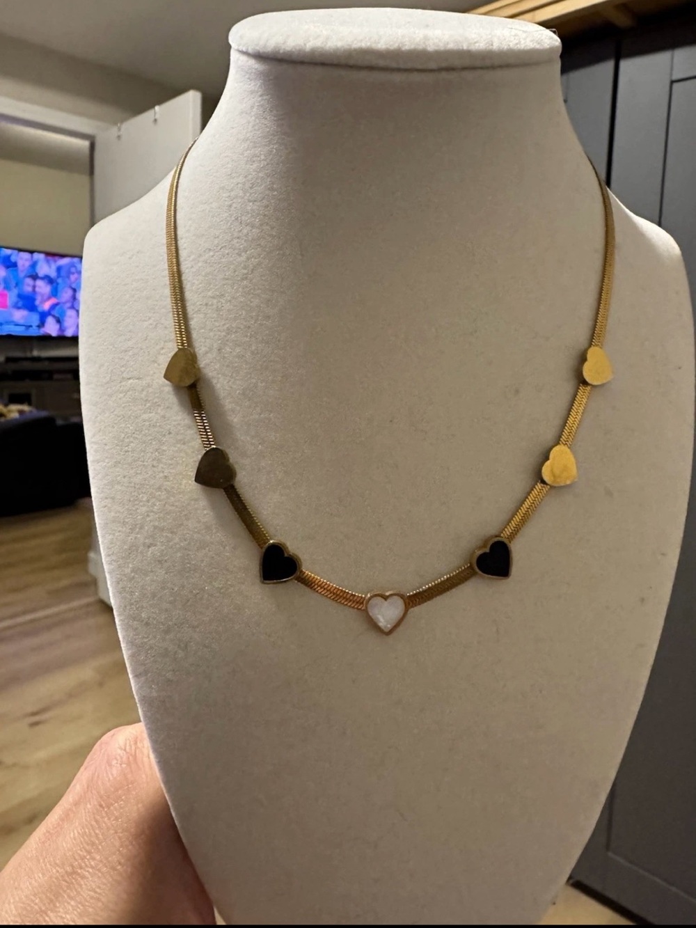 Gold Heart Station Necklace with Black and White Enamel Accents